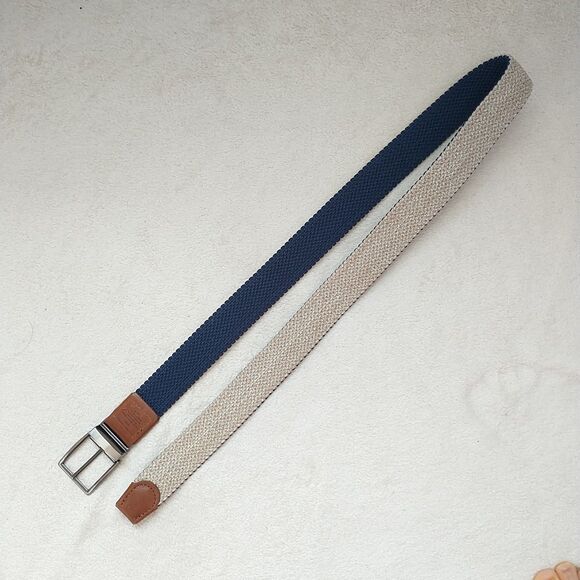 Tommy Bahama Belt Mens S/M Canvas Webbed Woven Navy Brown Leather - Picture 4 of 8